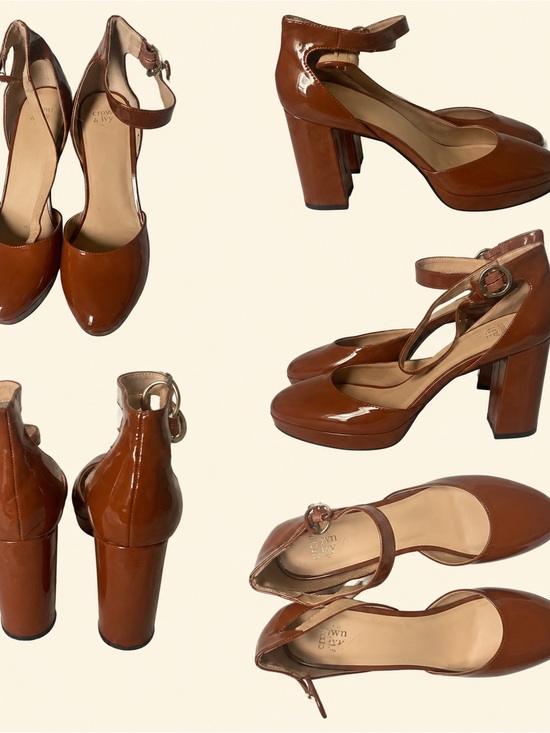 crown & ivy Women's Caramel Brown Patent Mary Jane Block Heels Size 11